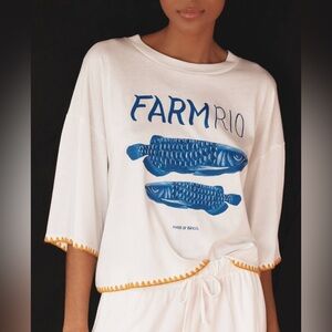 Farm Rio Anthropologie Oversized Crop Graphic Tee Blue Fish In White Size L